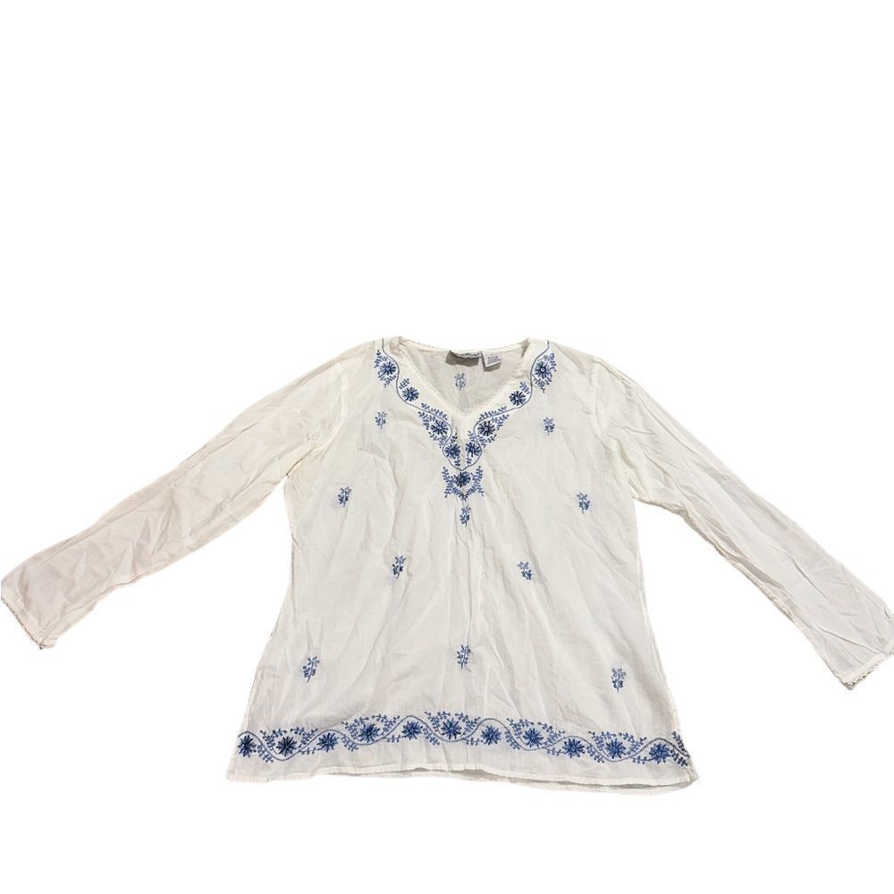 NorthStyle White Blouse with Blue Embroidered Trim